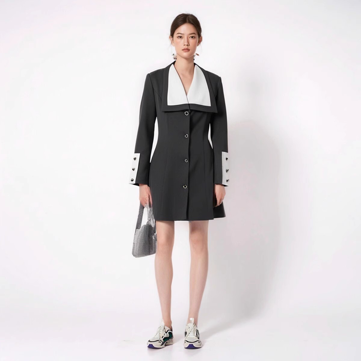 2024 new European and American style color matching design long sleeve suit skirt temperament contrast color high-end short dress women