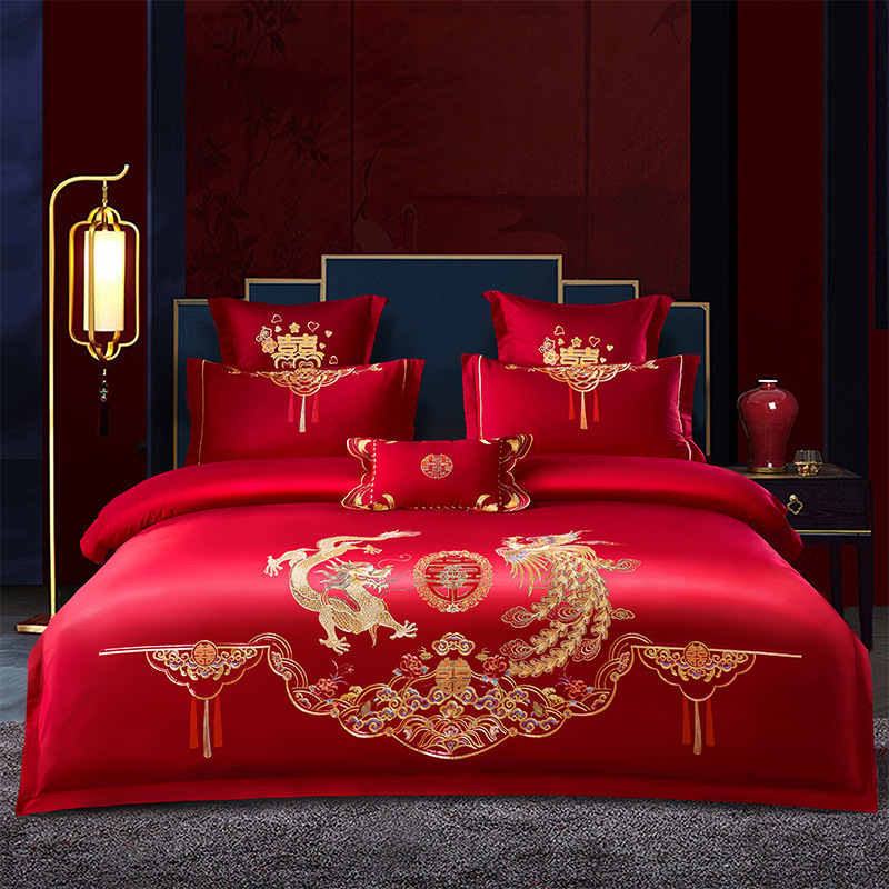Picture of Wedding Four-Piece Set Embroidered Wedding Pure Cotton Bright Red Wedding Room Embroidered Bedding Quilt Bedding