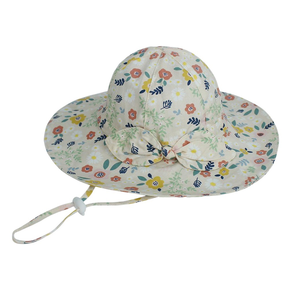Baby hat summer cotton European and American floral sun hat children basin hat bow large brim sun hat spot