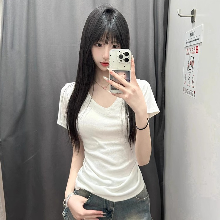V-neck Shoulder Short-sleeved T-shirt Women's Summer Sweet Spice Girl Pleated Waist Slim-fit Fashionable Dopamine Top