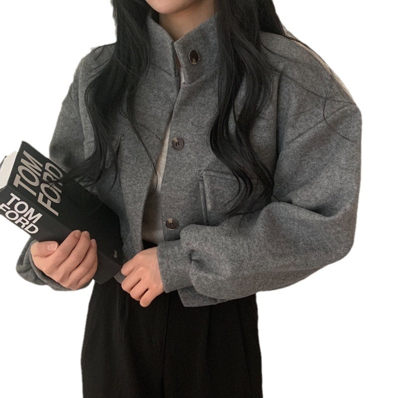 Picture of Autumn and Winter Loose Woolen Coat for Women Plus Size Pocket Small Stand Collar Top Long Sleeve Button Hong Kong Style Woolen Women's Clothing Wholesale