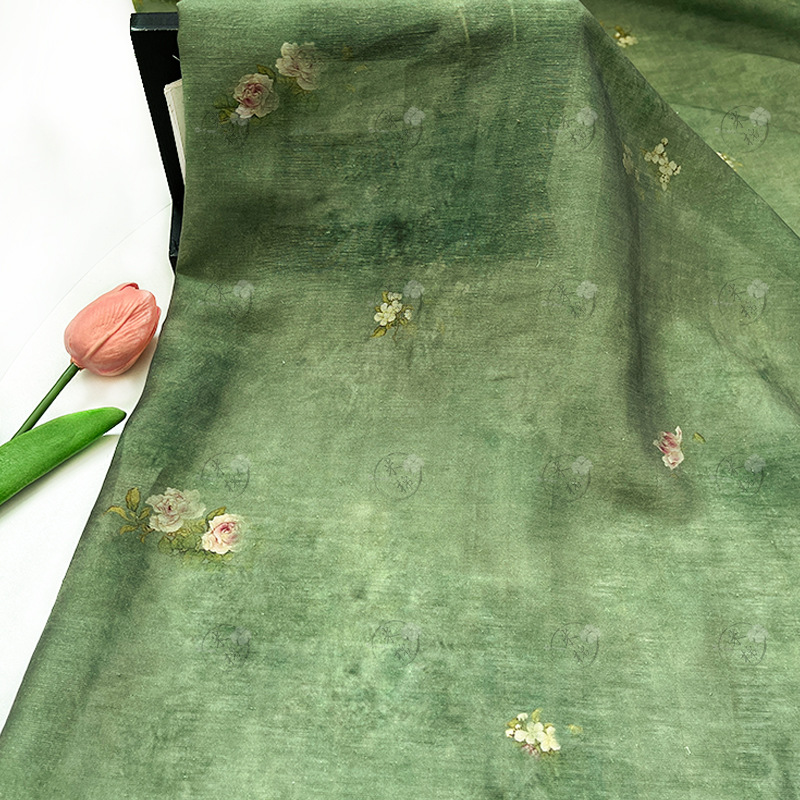 Moss trace flower affairs New Chinese style Tencel linen fabric gauze skirt Hanfu shirt cheongsam handmade DIY fabric