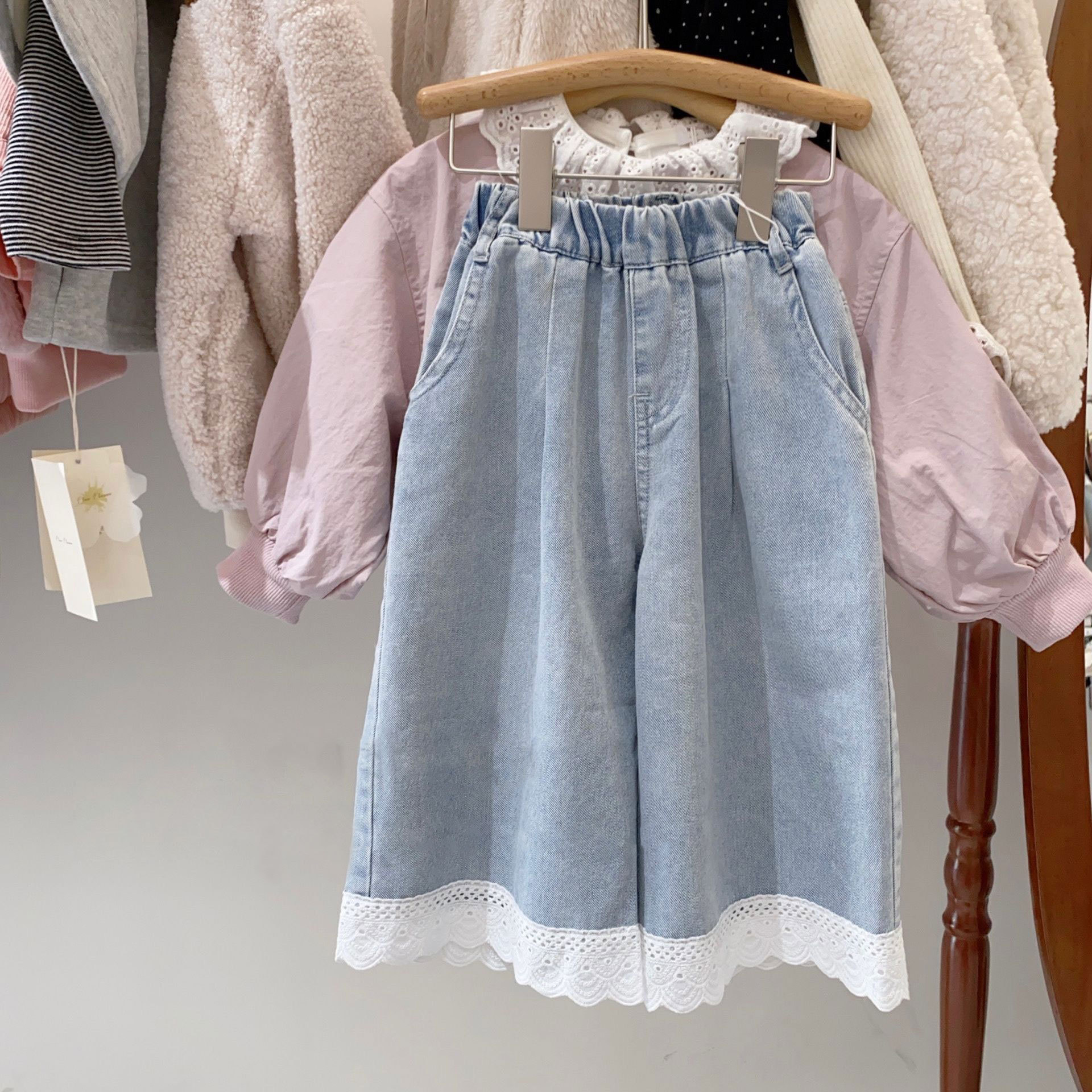 Cross-border Explosions Girls' Lace Denim Pants 2025 Summer New Children's Fresh Thin Loose Wide-leg Trendy Pants