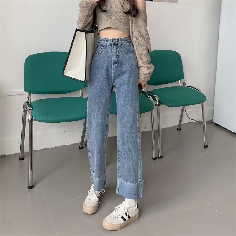 High Waist Straight Jeans Women's Autumn 2024 New Loose All-match Slim Wide Leg Curled Dad Pants
