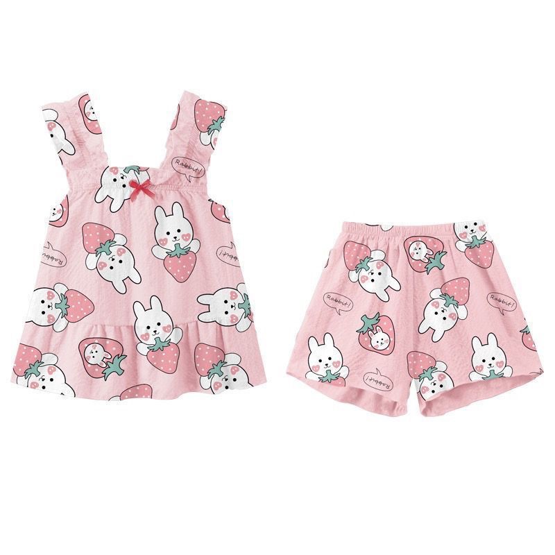 Picture of 2024 new summer thin fashionable cute suspender shorts suit Cartoon Cartoon children and girls pajamas outside
