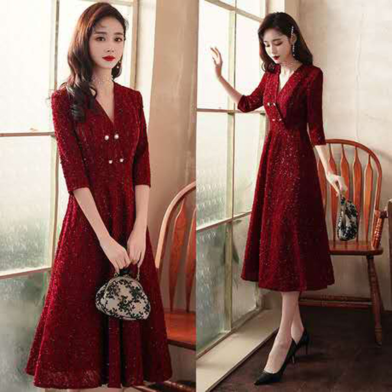 Xin Deqi cheongsam evening dress foreign trade four-sided stretch cloth 20 new three-layer long sleeve casual V-neck dress banquet
