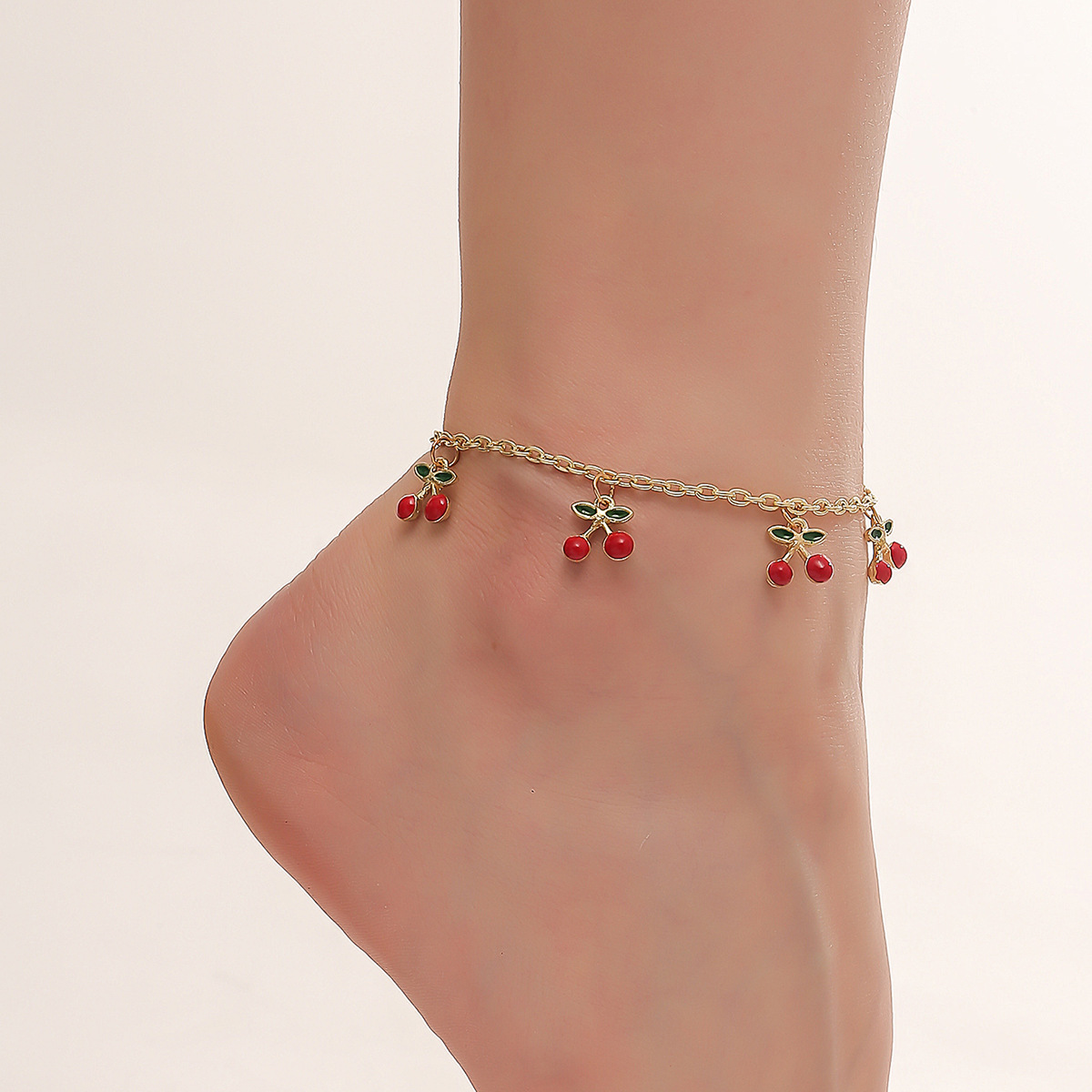 Spring and Summer Fresh and Cute Fashion Simple Cherry Pendant Anklet Versatile Creative Oil Drop Alloy Fruit Ankle Chain