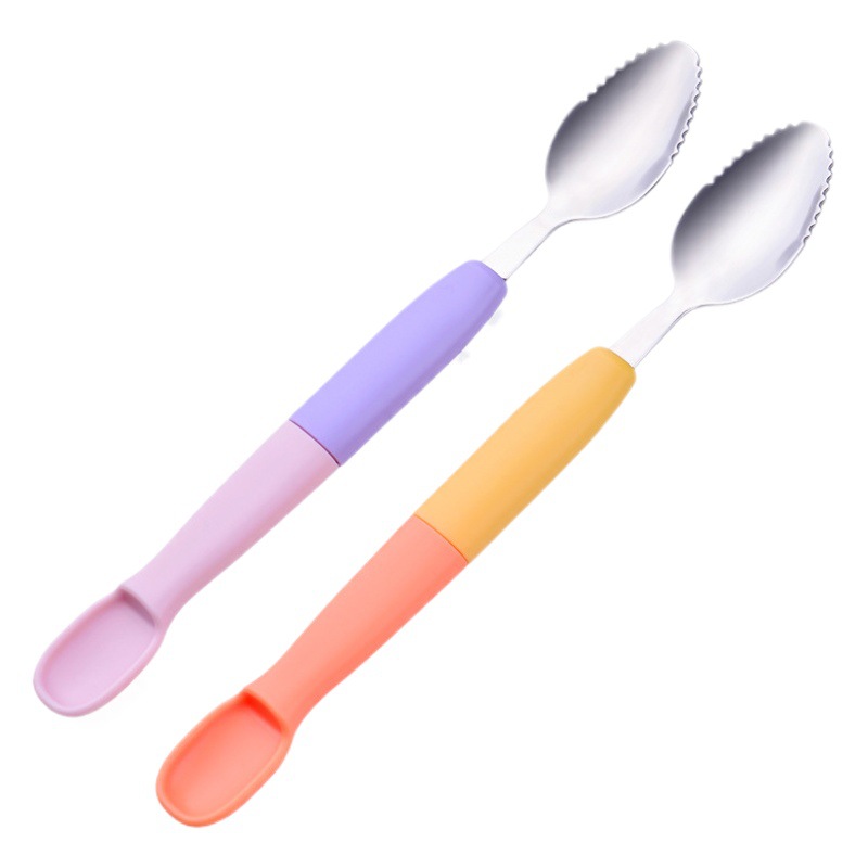 Picture of Factory direct children's fruit scraping spoon double stainless steel scraping spoon silicone spoon baby fruit scraping spoon