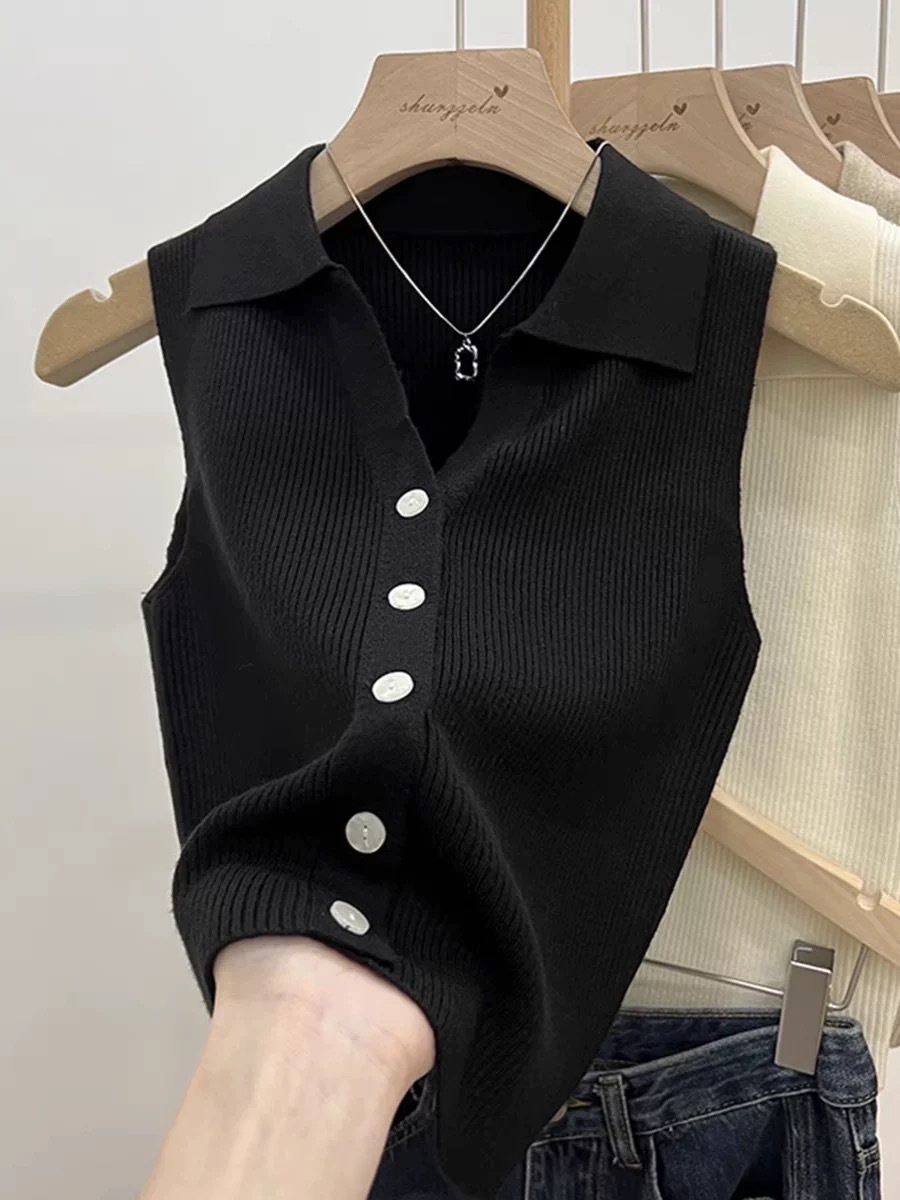 Picture of French New Arrival Single-breasted Cardigan All-match Slim-fit Short Base Shirt Socialite Elegant Polo Collar Sleeveless Vest for Women