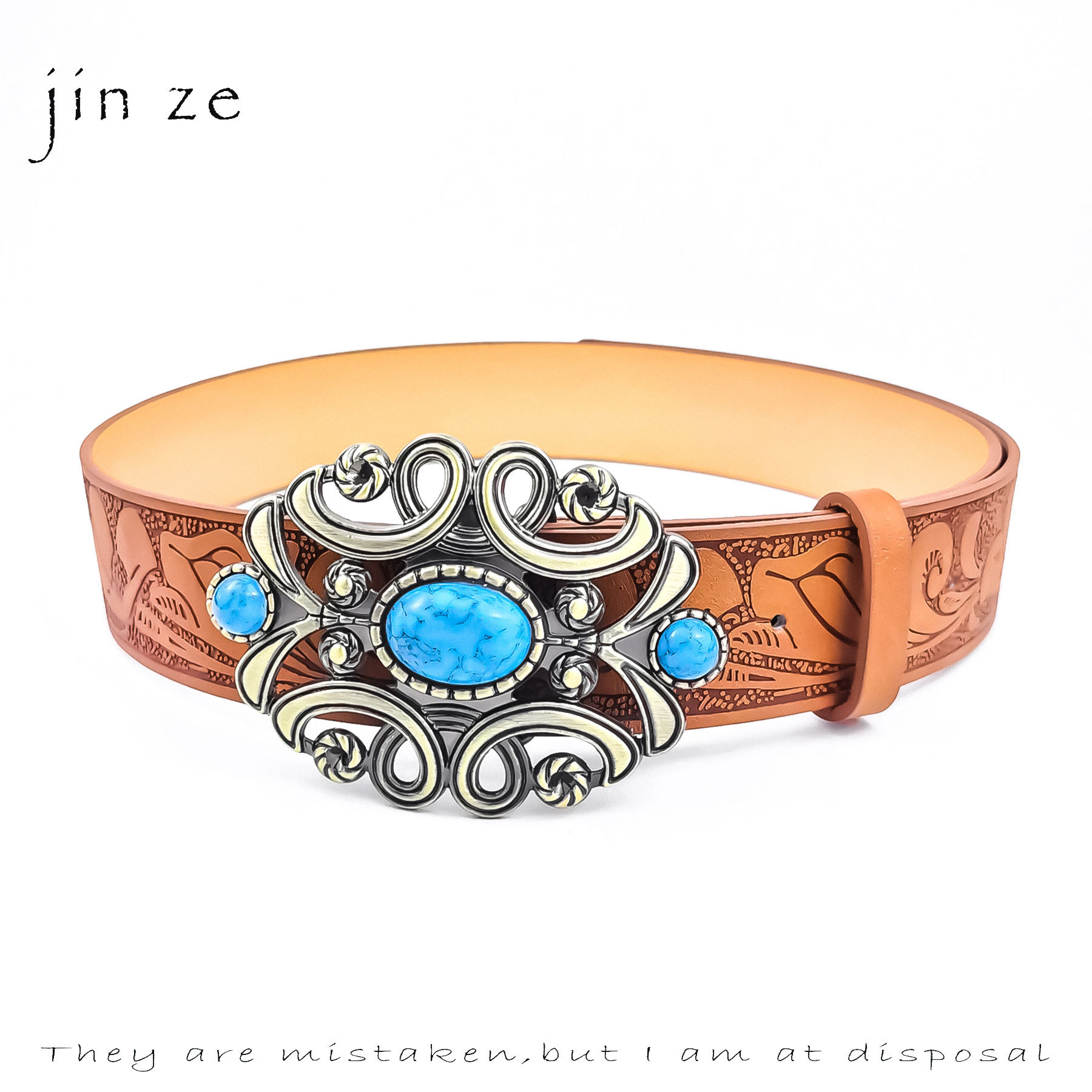 European and American Cross-border Explosions Belt Bohemian Ethnic Retro Court Style Inlaid Blue Turquoise Women's Wide Belt