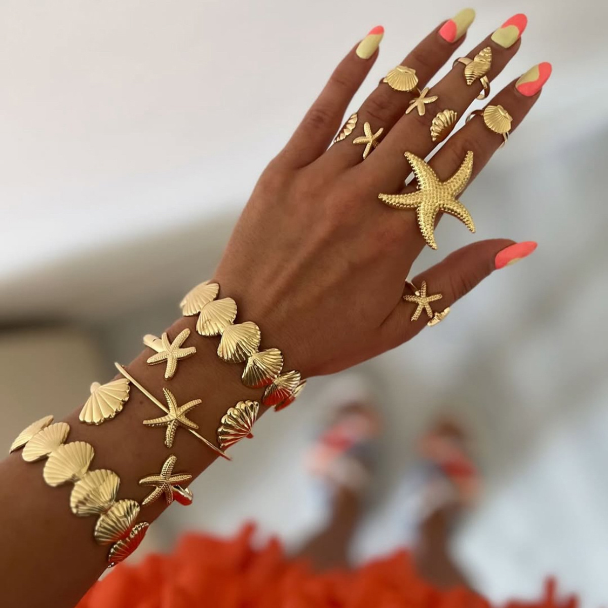 Taina European and American Stainless Steel Ring Women's Niche Design Versatile Marine Titanium Steel Starfish Shell Bracelet Set