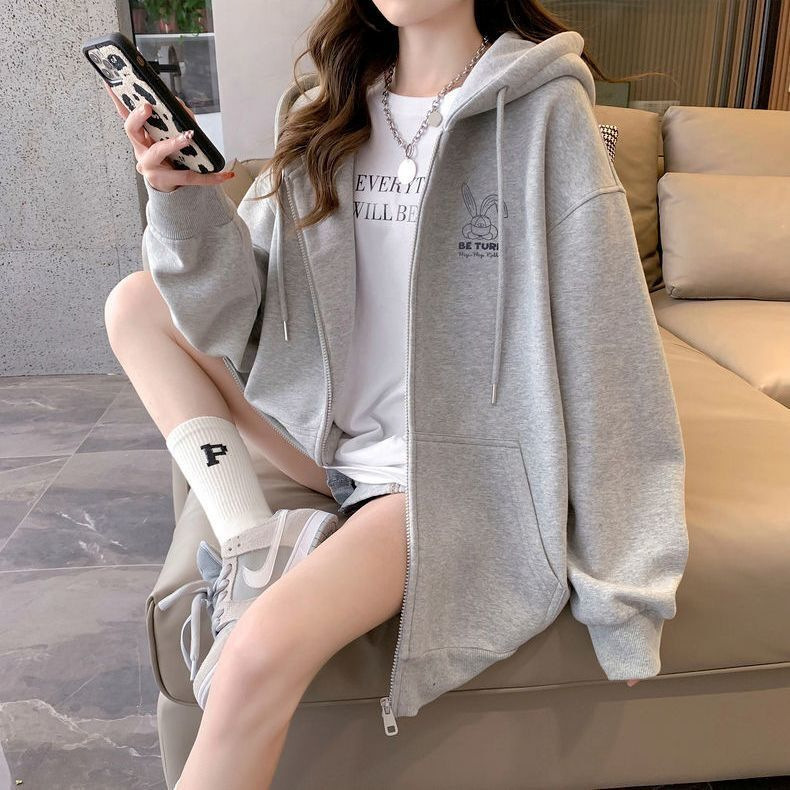 Picture of Embroidered hooded sweater women's autumn and winter fleece-lined thickened loose plus size college style casual hooded sweater cardigan coat