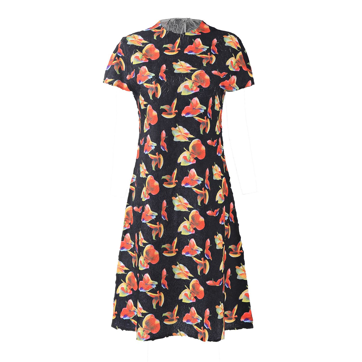Picture of European and American French Retro Floral dress 2024 Miyake Summer New Printed Slim-fit Waist Midi Dress for Women