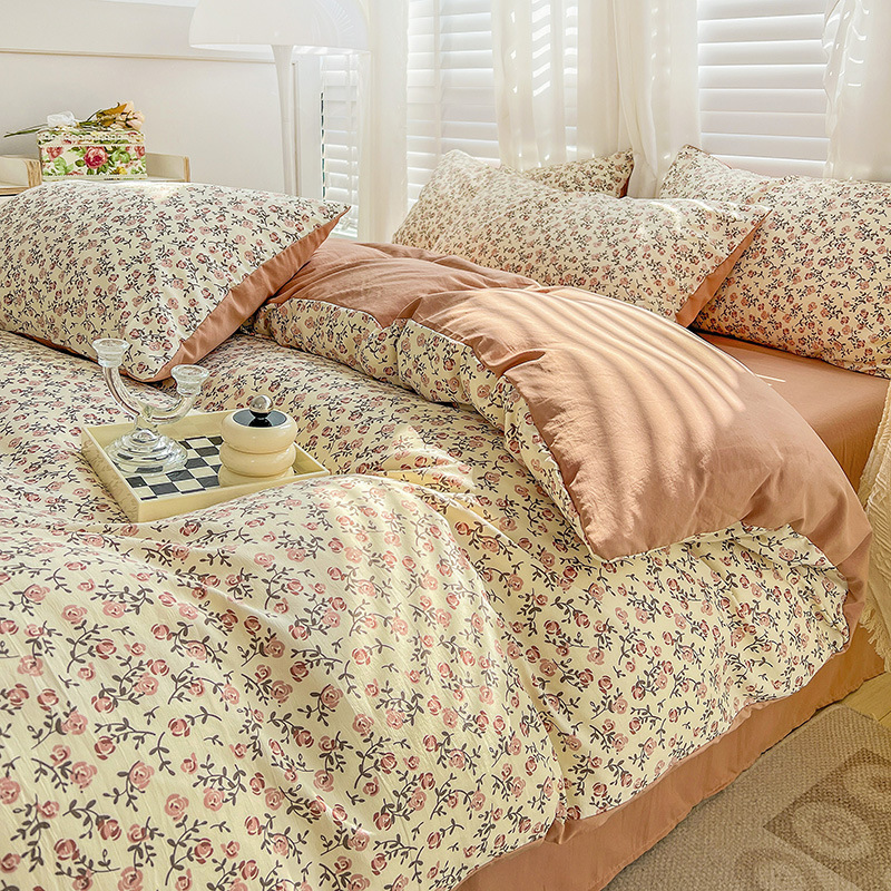 Picture of Class A Washed Double Yarn Cotton and Linen Four-piece Bed Sheet Cover Cover Three-piece Machine Washable Single and Double Bed Top Supplies