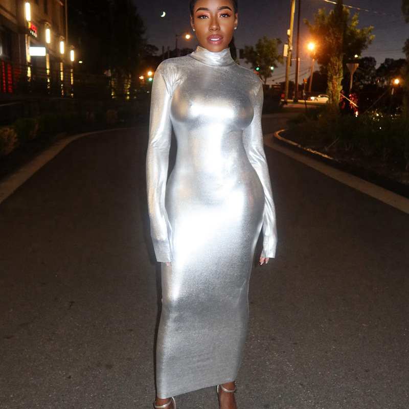Cross-border European and American foreign trade women's 2023 high collar long sleeve waist slim hip long dress women's dress