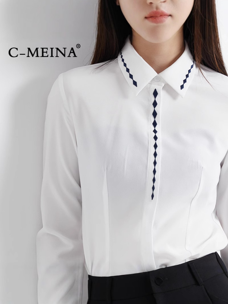 Women's Long-Sleeve Slim-Fit Chiffon Blouse with an Elegant and Fashionable Design, Suitable for Commuting, Featuring Embroidery