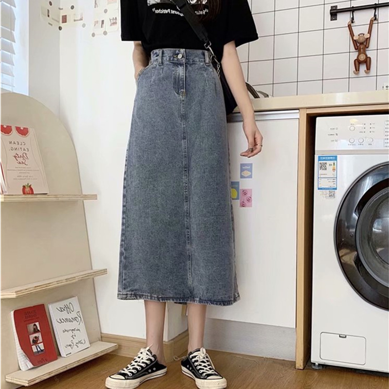 Vintage Hong Kong-style Denim Skirt Women's 2022 New Summer High Waist Slimming Rear Split Mid-length A- line Skirt