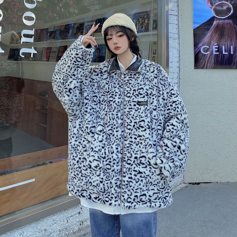 Korean version of cross-border foreign trade winter new fashion students ins Leopard Harajuku Hong Kong-style thickened warm cotton-padded jacket coat