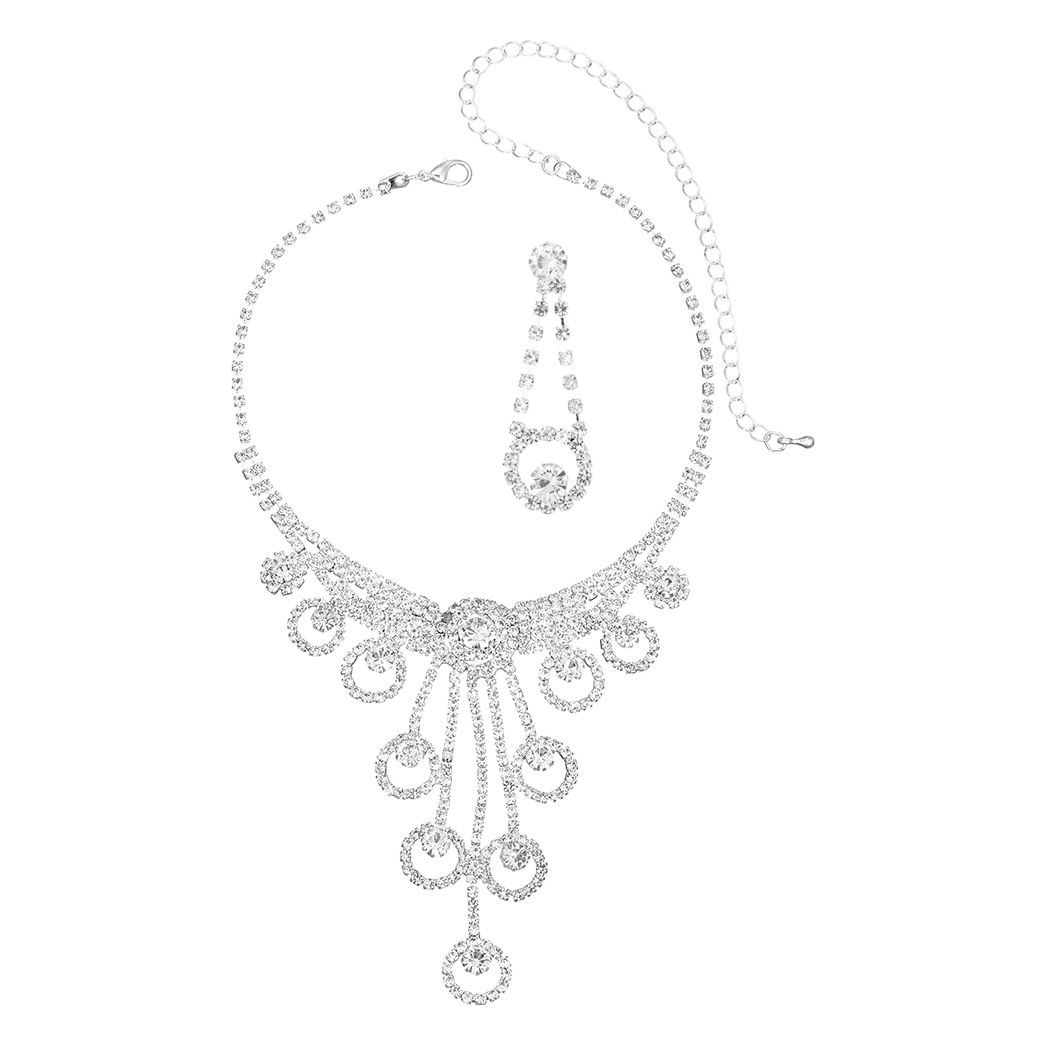 European and American cross-border elegant all-match rhinestone necklace earrings two-piece bridal jewelry suit wedding dress accessories