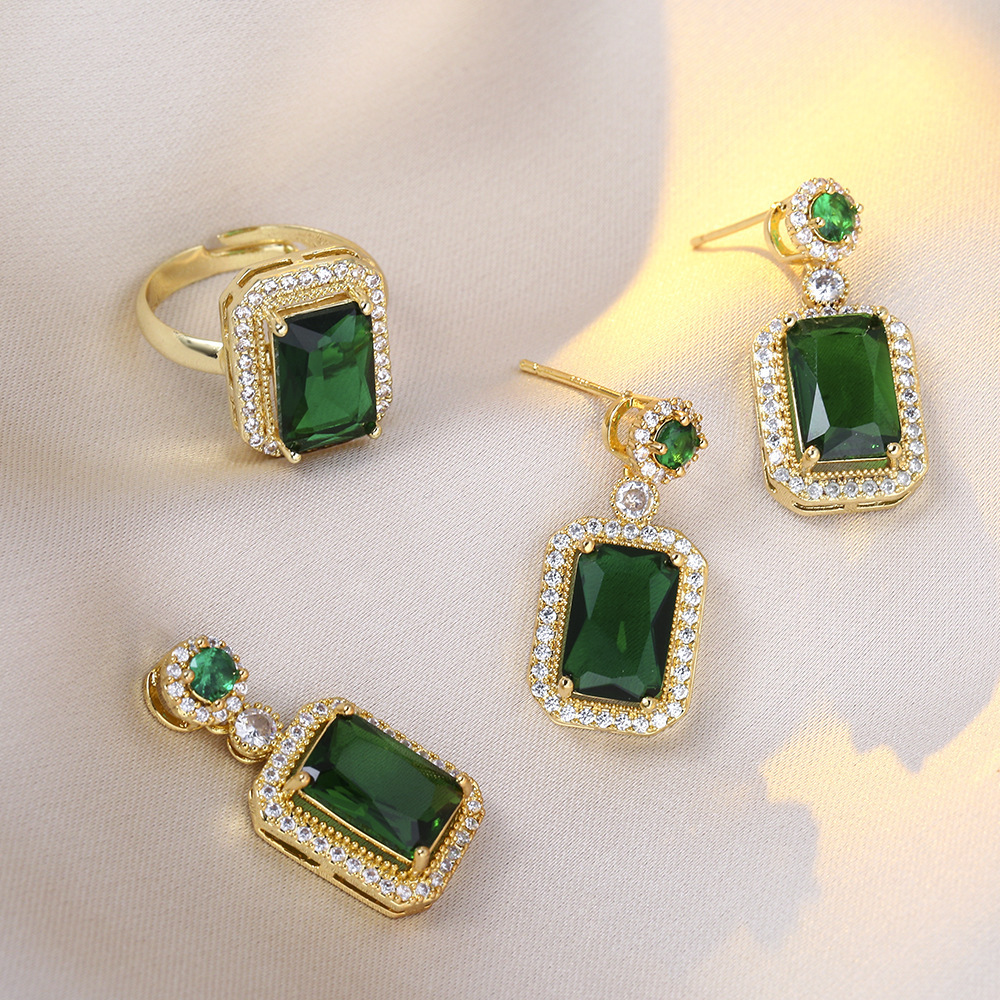 Picture of Emerald Pendant Necklace Women's All-match High-end Jewelry suit Women's Three-piece Set Earrings Ring Jewelry