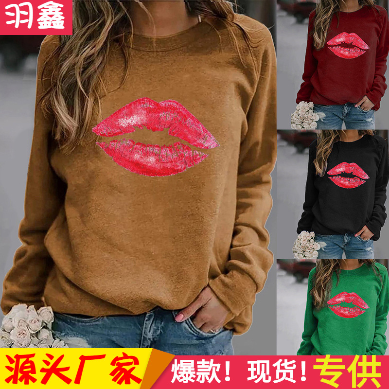 Amazon eBay wish AliExpress independent station lip pattern printed long sleeve round neck sweater for women