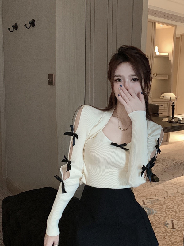 Pure Desire Style Bow Square Collar Slim-fit Slimming Long-sleeved T-shirt Niche Fashion Sexy Spice Girl Chic Unique Top