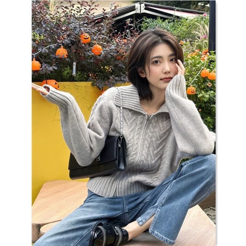 Gray Twist Zipper Sweater Jacket for Women in Autumn and Winter Thickeneded Design Niche Outer Wear Lazy Style Knitted Cardigan