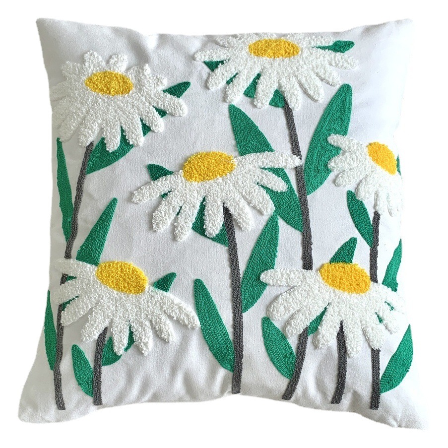 French Pastoral Modern Simple Cross-border Flower Embroidered Sofa Cushion Pillow Embroidered Tulip Pillowcase for Homestay