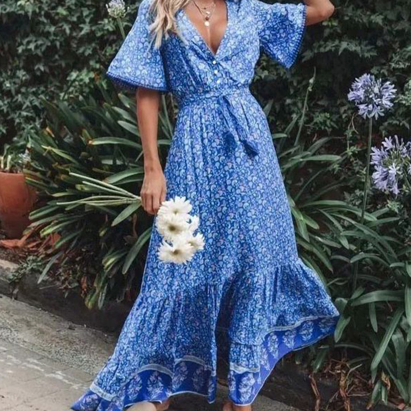 Summer Cross-border European and American Women's Vacation Seaside Long Dress High Waist Lace-up V-Neck Loose Large Swing dress Amazon