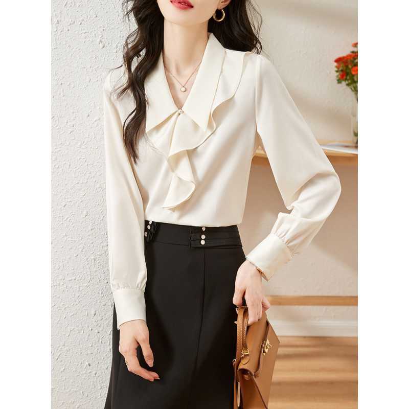 Picture of 2025 Spring and Autumn New Lotus Leaf Collar Satin Shirt Women's Design Niche French Sweet and Chic Top