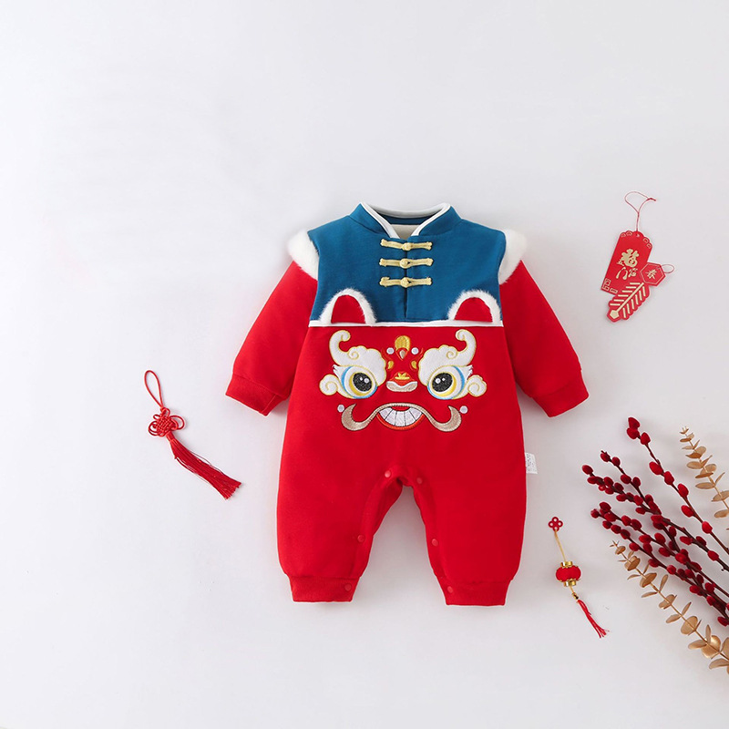 Picture of Chinese style winter baby romper New Year romper male and female baby double layer fleece-lined thickened Tiger year sweater New Year greeting clothes