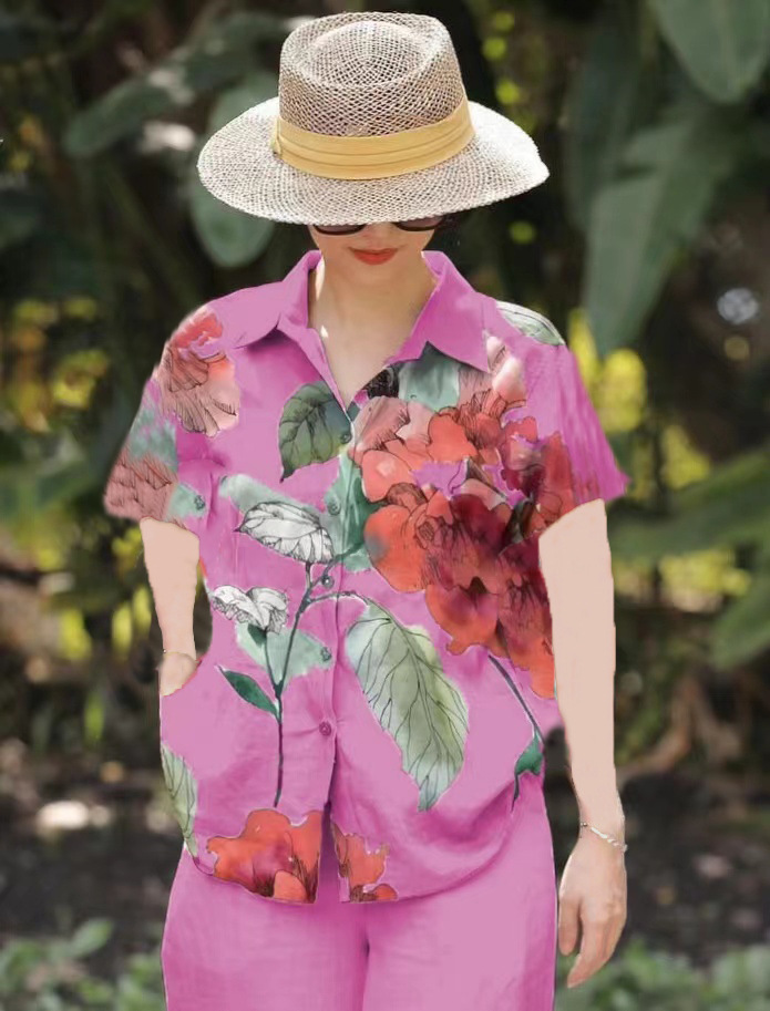 Picture of Amazon Spring and Summer plus size Loose chubby girl Elegant Casual Stylist Age-reducing Printed Shirt with Short Sleeve Lel