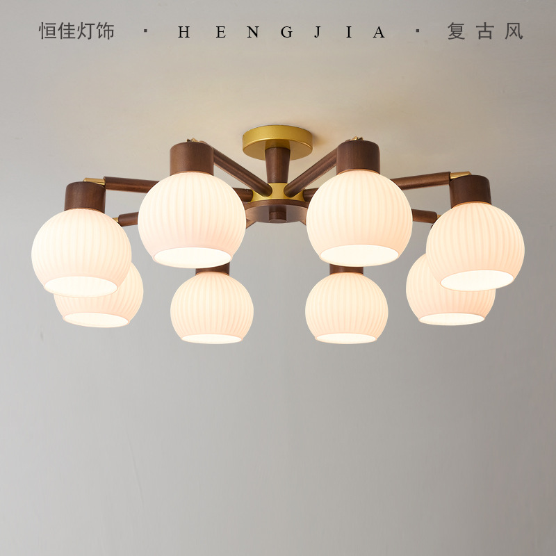 Antique Chandelier Walnut Color Vintage New Chinese Living Room Main Lamp Simple Bauhaus Light Luxury Bedroom Dining Room Lamps