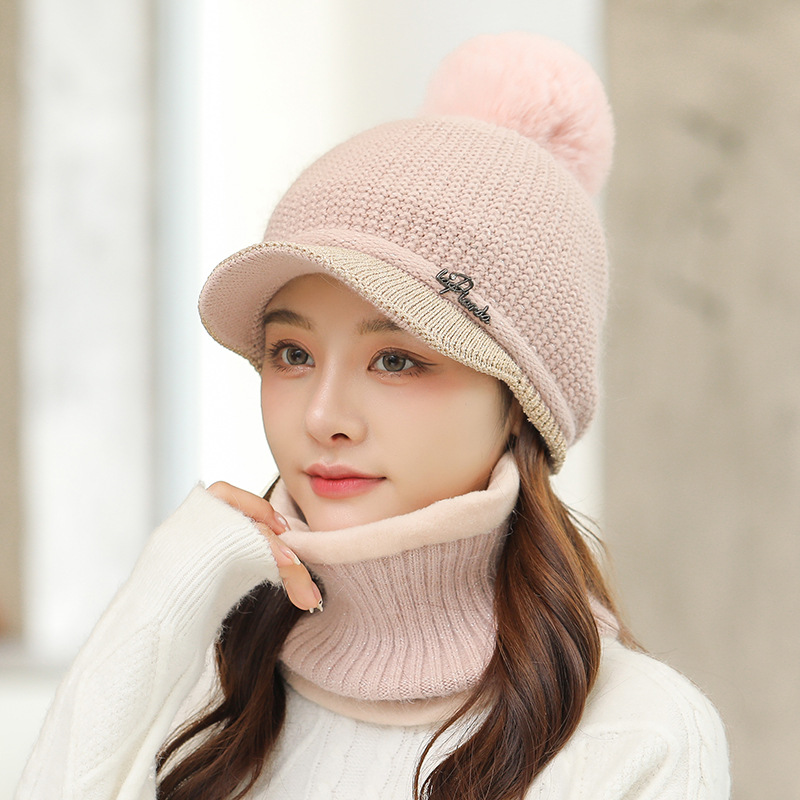 Autumn and winter women's knitted peaked cap two-piece rabbit fur letter warm baseball cap ear protection scarf wool hat wholesale