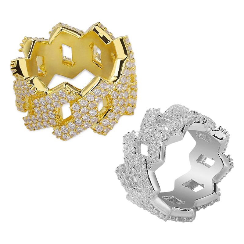 Cross-border European and American hip-hop ring 14mm wilted Cuban ring Amazon real gold electroplating double-row zircon ring wholesale