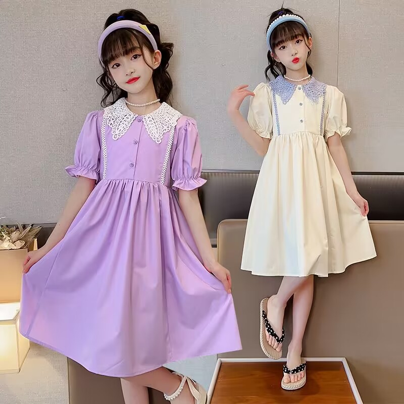 Girls' Summer Dress Internet-famous Foreign-style Fashion Middle and Big Children's Lapel Skirt Girls' Summer Dress Children's Dress Princess Skirt