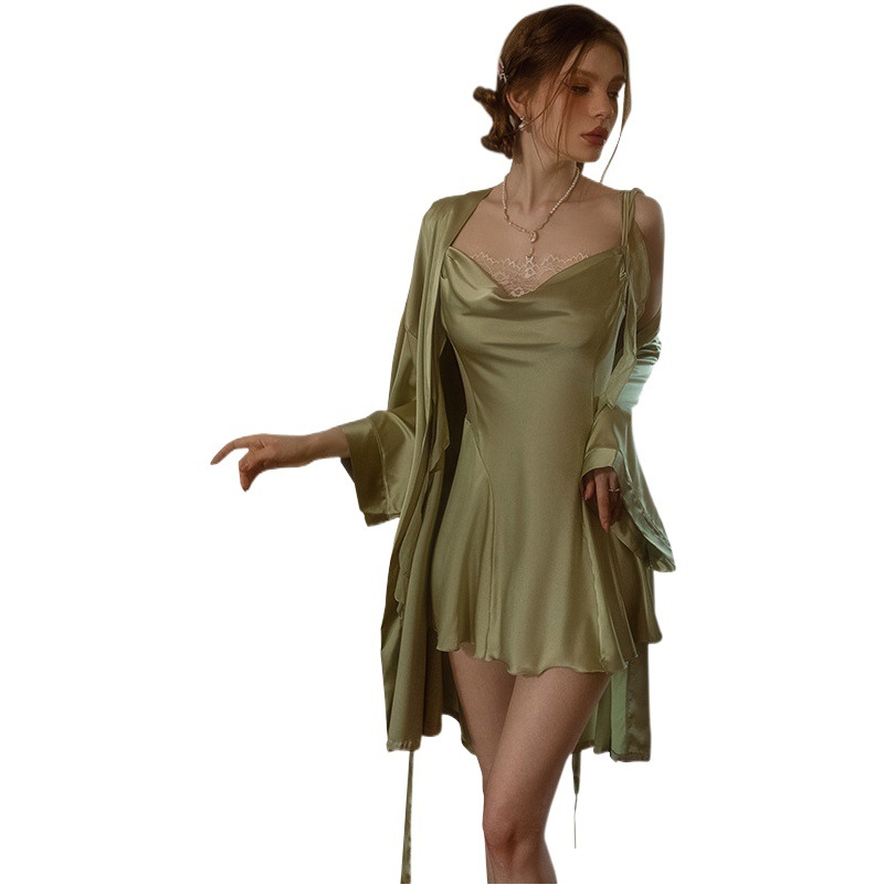 Sexy Off-Shoulder Ice Silk Satin Camisole Nightdress Pure Desire Style with Flutter Sleeves Women's Robe Set Wholesale