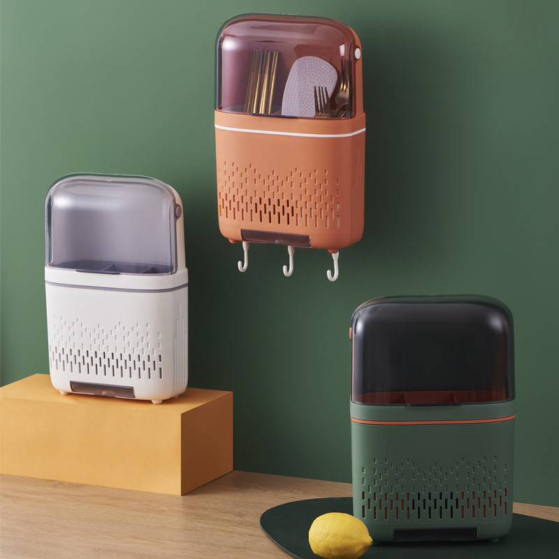Household chopsticks cage hole-free wall-mounted storage rack spoon chopsticks cage dustproof draining kitchen tableware storage box