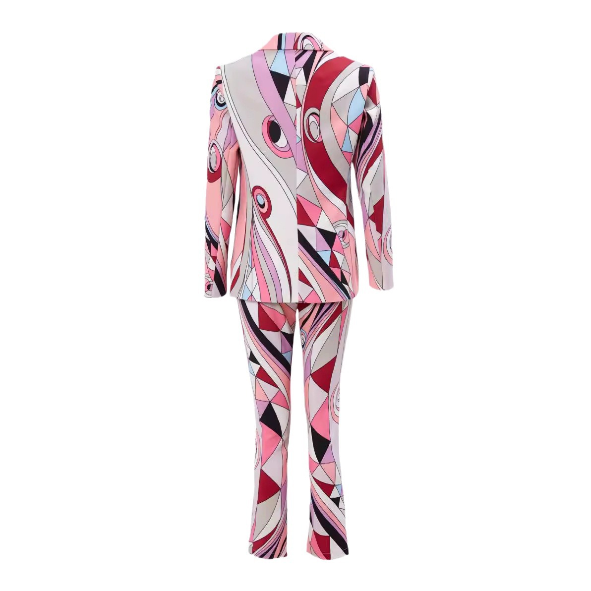 Picture of Guo'Er Spring and Autumn Quality Slim-Fit Women's Pants Suit European and American Cotton Print Elegant Pink One-Button V-Neck Suit Set