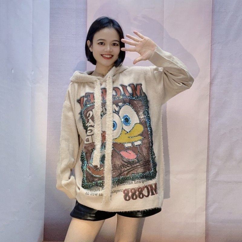 Fall 2024 Winter New plus size Heavy Industry Cartoon Printed Hot Drilling Sweater Women's Casual Mink Hair Long Sleeve Knitted Top