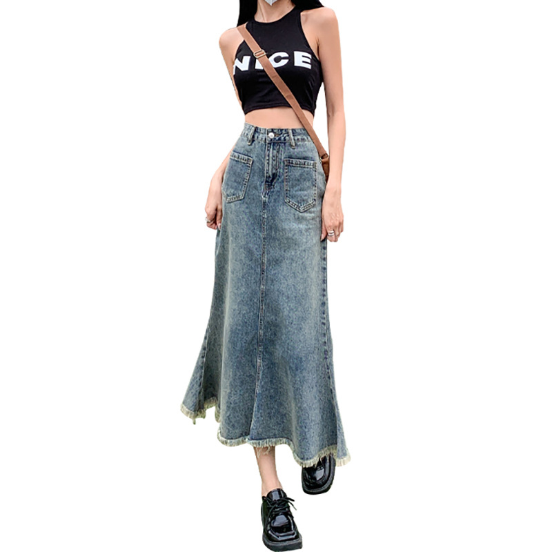 Picture of Vintage Fishtail Skirt Denim Skirt Women's ins Style Design Sense Niche A- line Hip High Waist Half-length Skirt