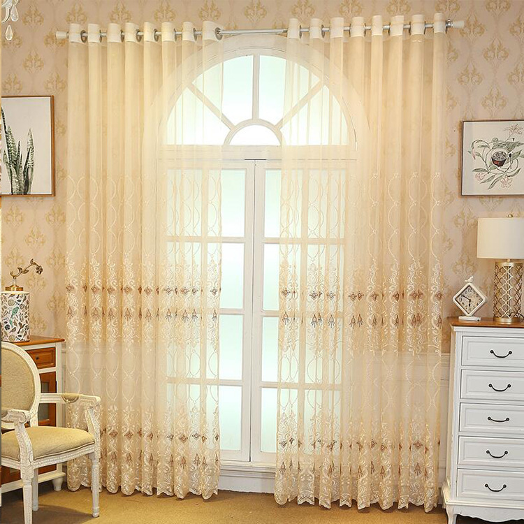 Shaoxing Keqiao Manufacturer Wholesale Nordic Tulle Curtains Finished Living Room Beige Gauze Curtains Eight-Character Flower Embroidered Window Screens