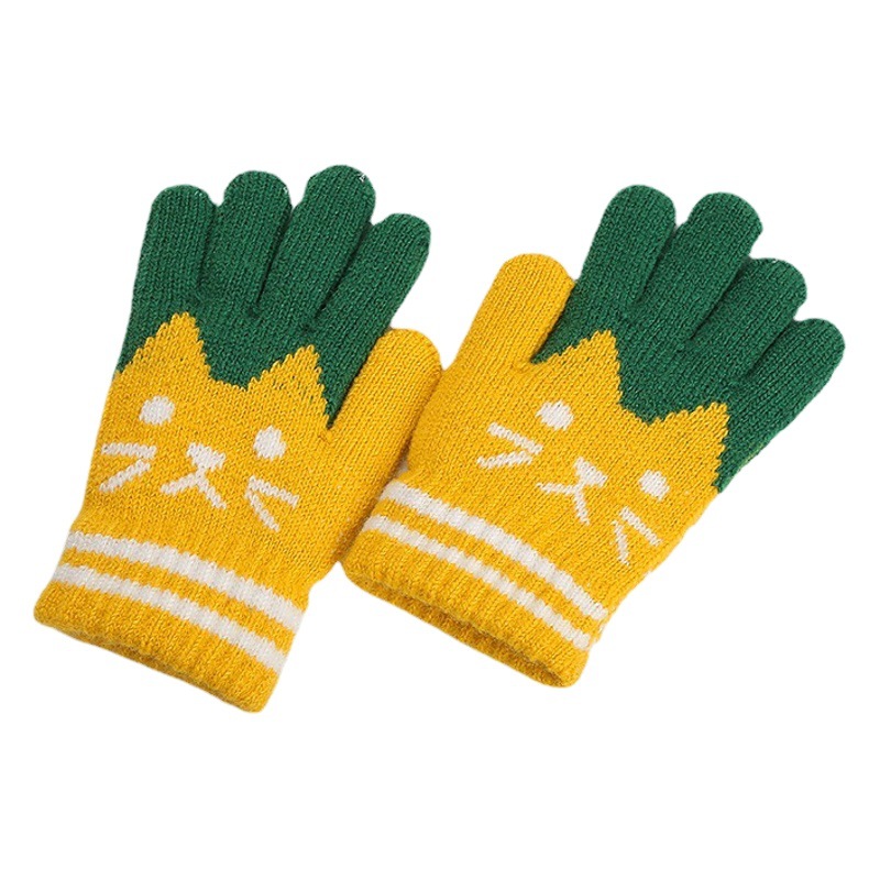 Winter Male and Female Students Children Cute Cats Plus Velvet Thickened Warm Knitted Imitation Cashmere Gloves Manufacturer Wholesale
