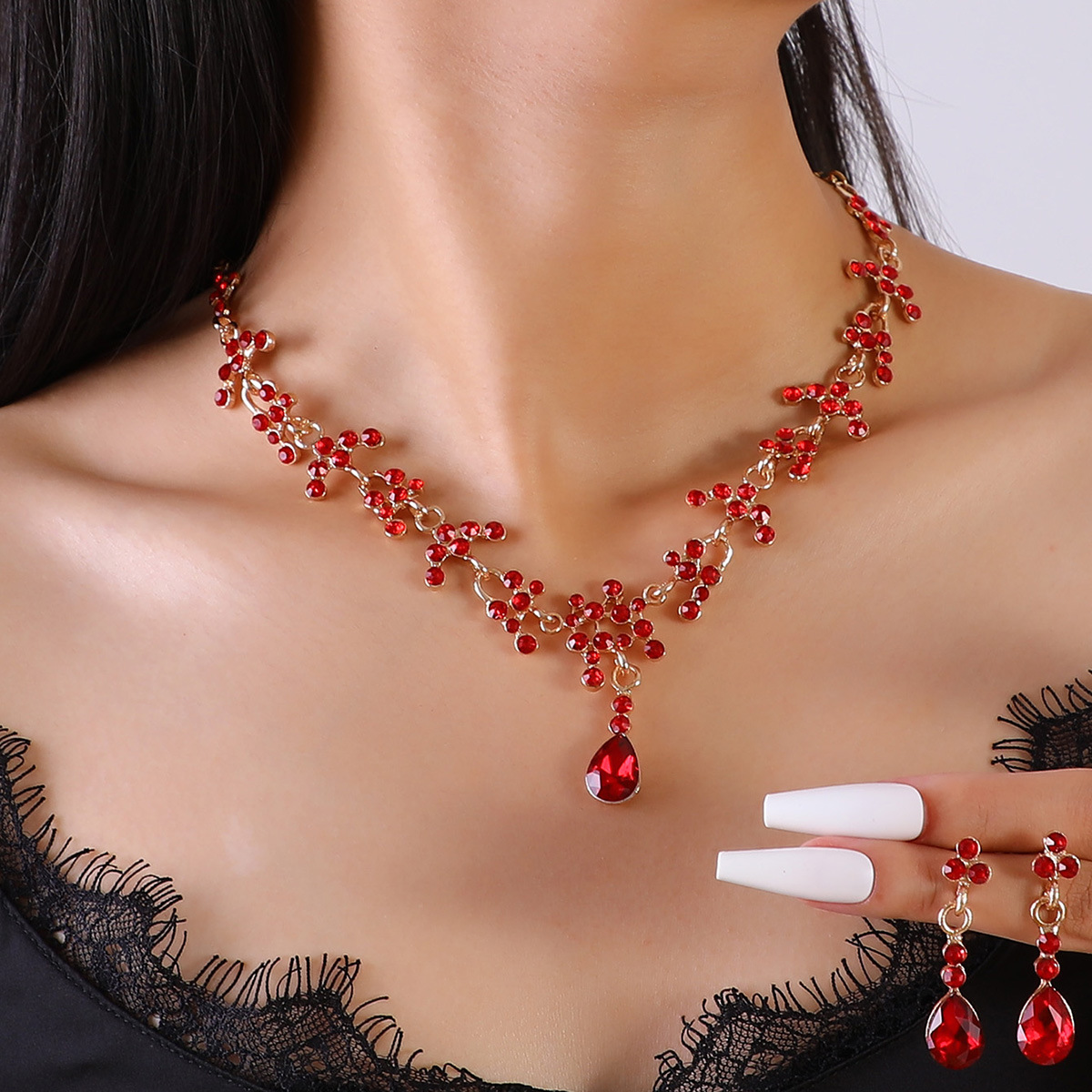 Wedding two-piece European and American explosions rhinestone jewelry wholesale wedding hair accessories foreign trade alloy necklace earrings women