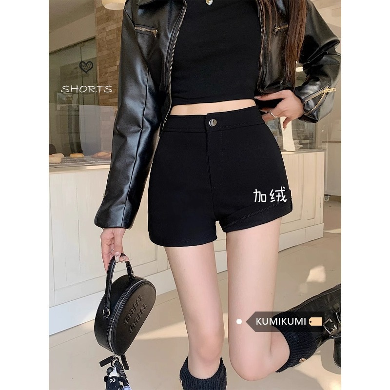 Kumikumi Black Velvet Thickeneded Casual Pants Women's 2023 Winter Warm Hot Pants High Waist Straight Pants Shorts