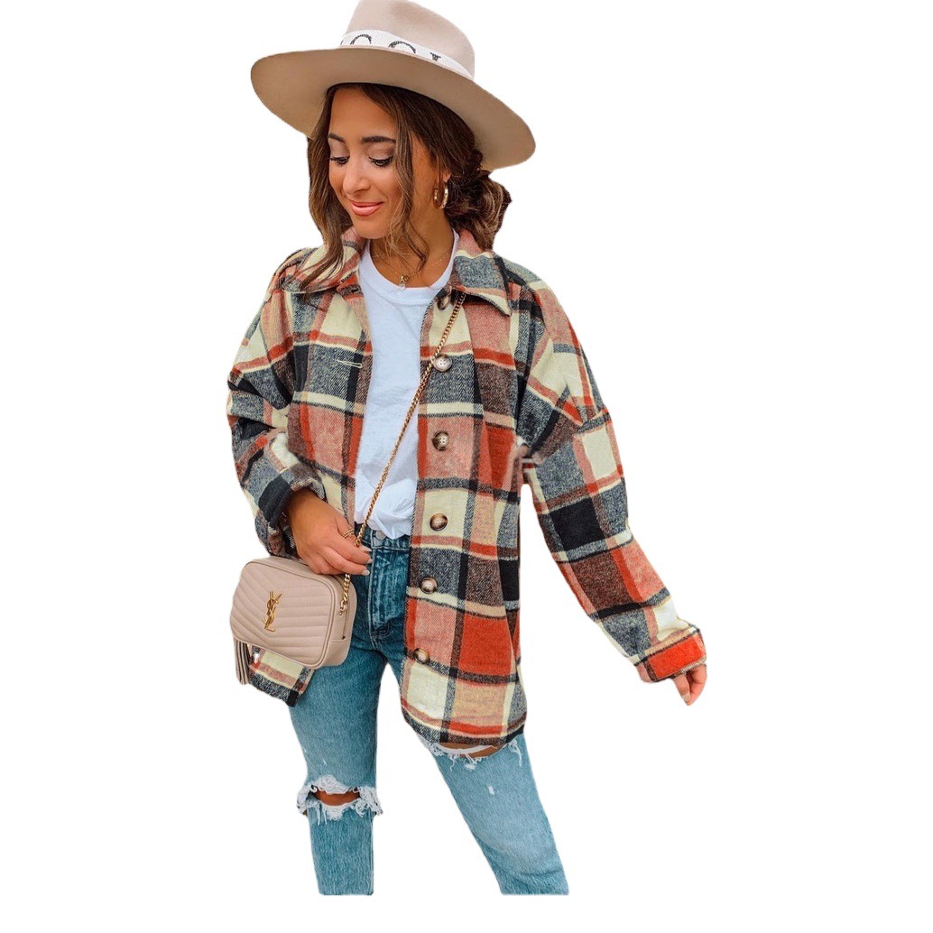ins Internet Celebrity Autumn Street Elegant European and American Long-sleeved Lapel Loose Women's Plaid Shirt Mid-length Jacket