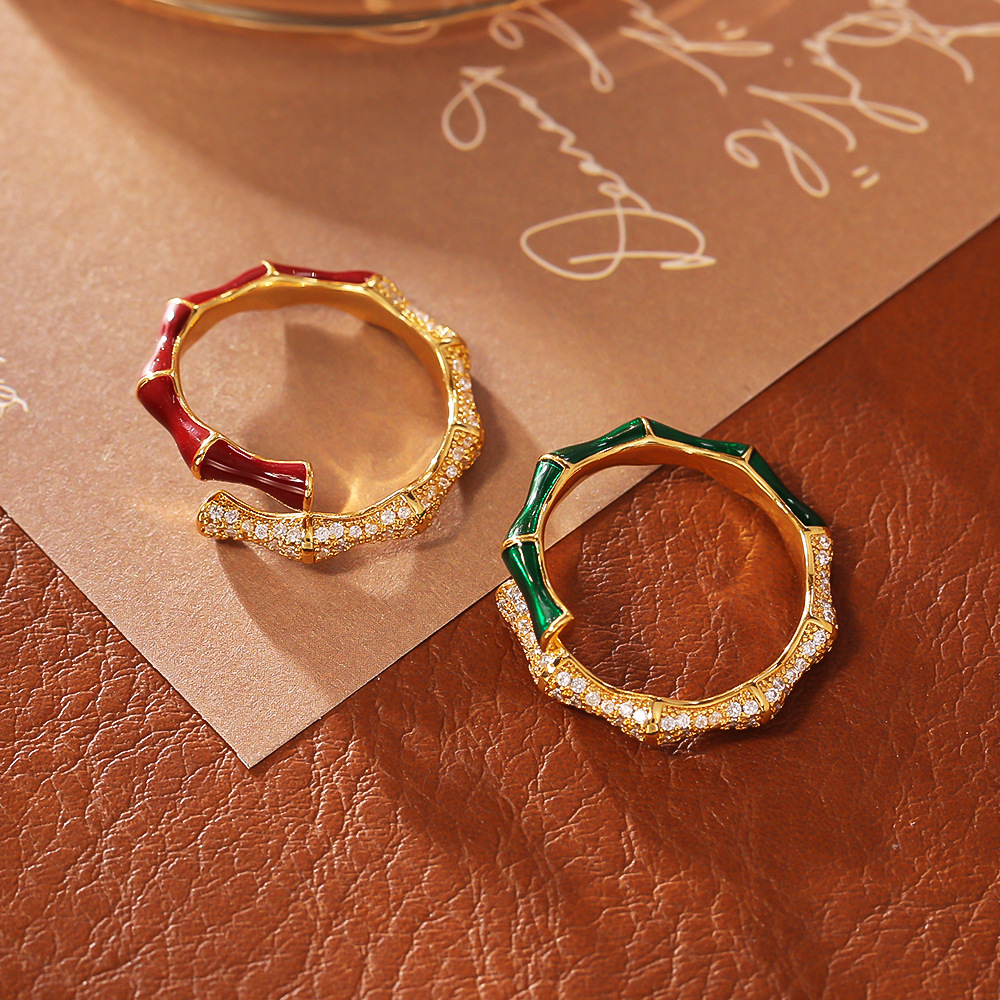 Adjustable High-End Bamboo Joint Open Ring with Copper Plated Real Gold Inlaid Zircon Oil-Drip Enamel Color Ring
