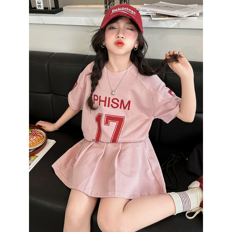 Summer Korean Style Girls' suit 2025 New Western Style Girls' Casual Short Sleeve Mid-Big Children's Pleated Skirt Two-Piece Thin