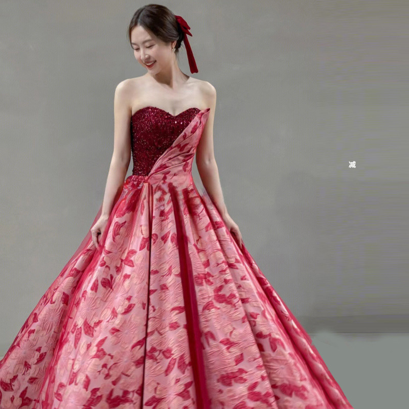 Toast Dress Exquisite Satin Jacquard party Dress Sweet and Spicy Autumn and Winter Strapless Veil Dress Women's party