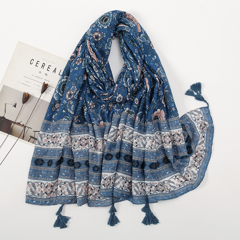 Picture of New Artistic Fresh Cotton and Linen Retro Tassel Scarf Women's Printed Beautiful Silk Scarf Japanese Sunscreen Shawl